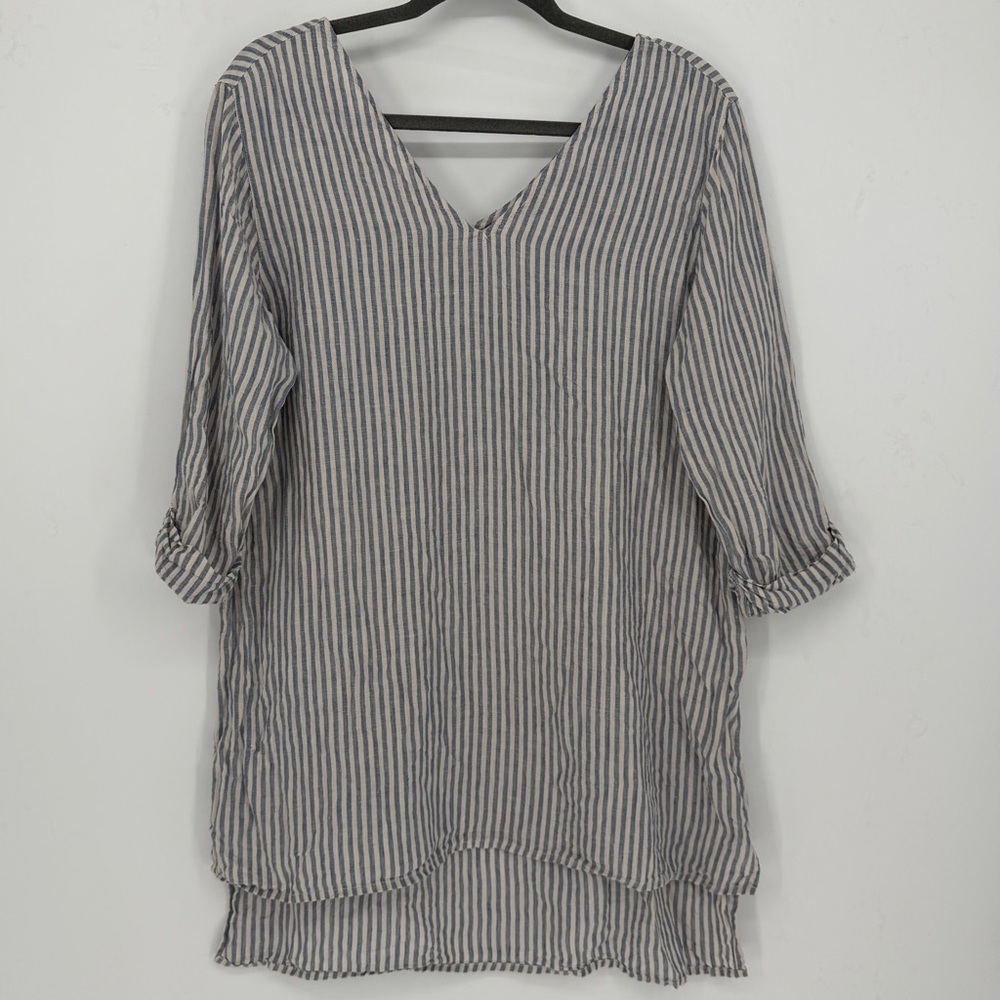 Linen Preppy Cuffed Sleeve Striped V neck Tunic Blouse
